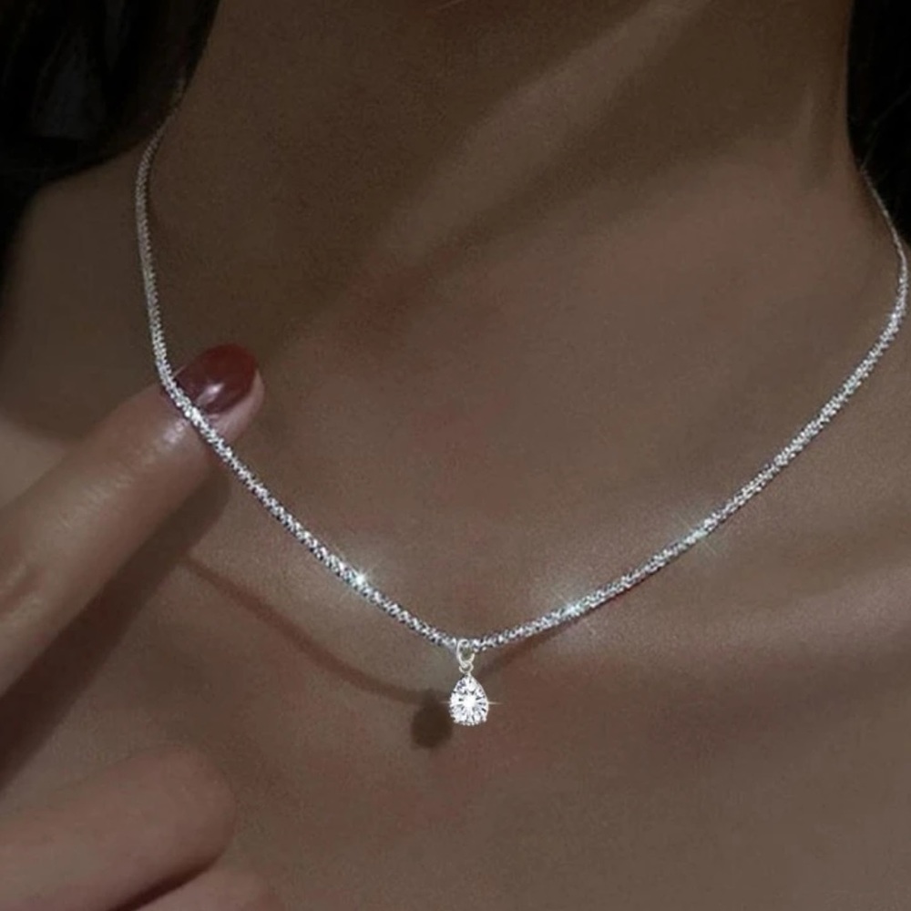 Silver - Cubic Zirconia Water-drop Charm Necklace